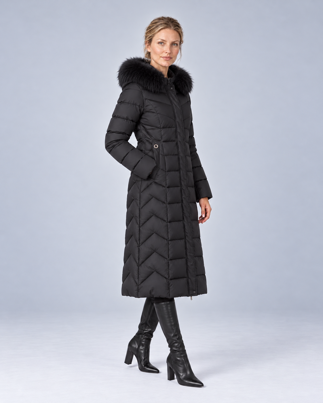 Black longline chevron fur puffer, angle view