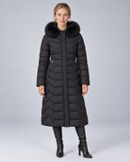 Black longline chevron fur puffer, front view