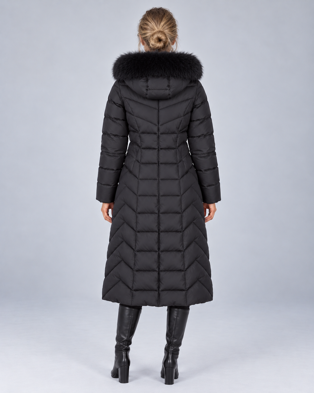Black longline chevron fur puffer, rear view