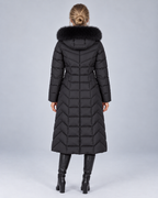 Black longline chevron fur puffer, rear view