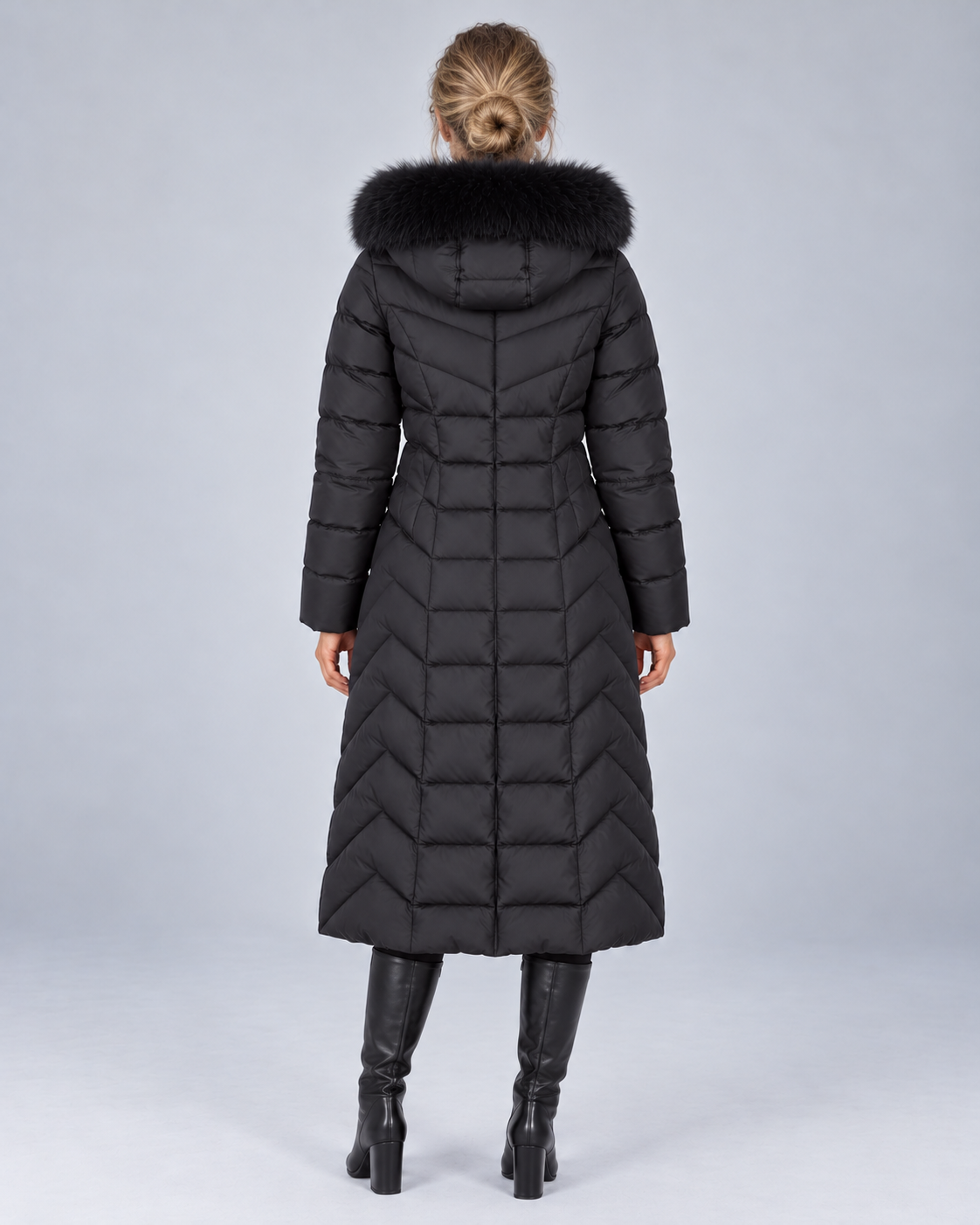 Black longline chevron fur puffer, rear view