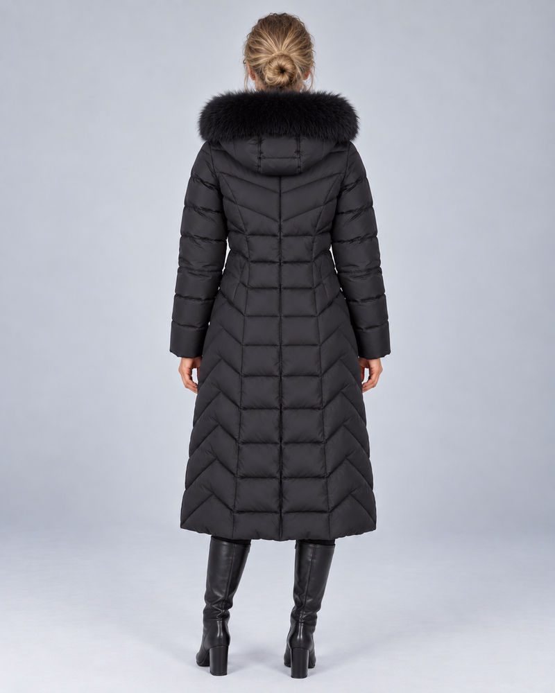 Black longline chevron fur puffer, rear view