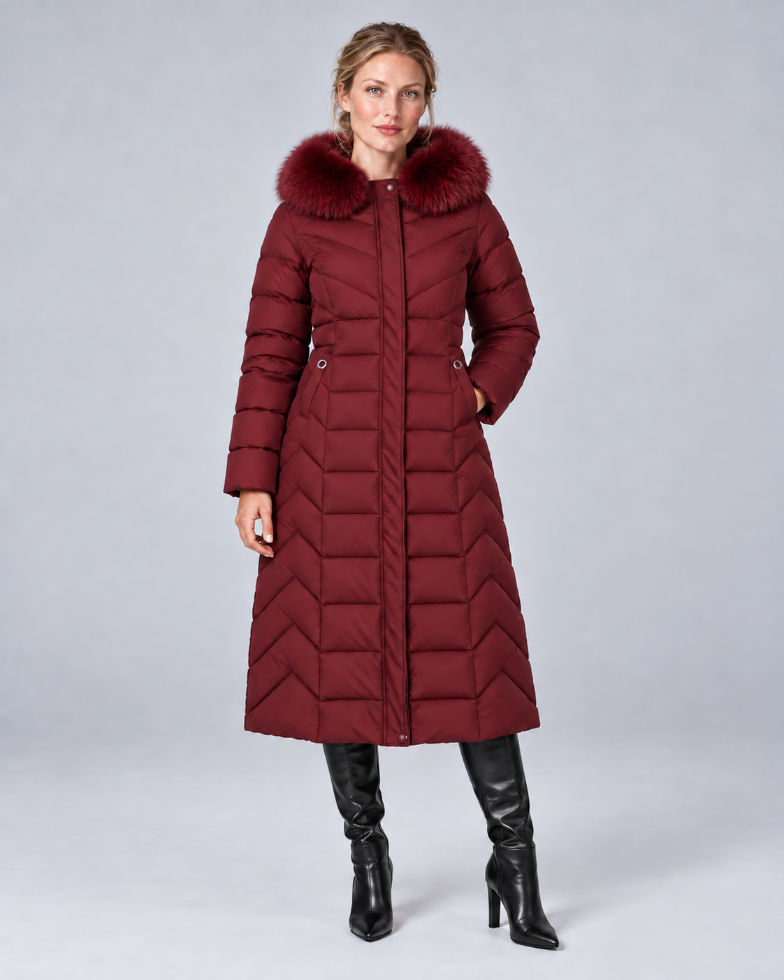 Burgundy longline chevron fur puffer, colour front view