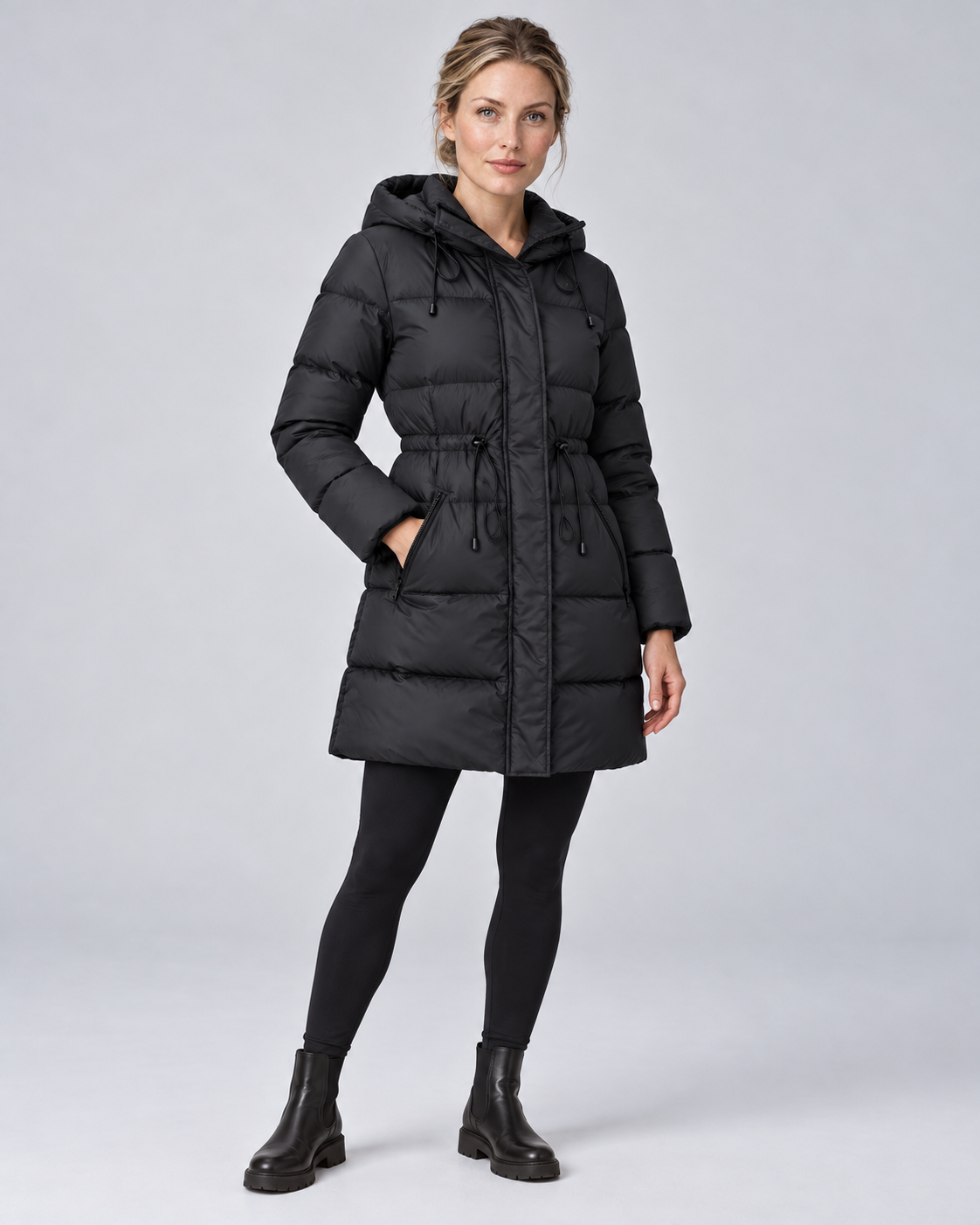 Black longline drawstring puffer, colour front view