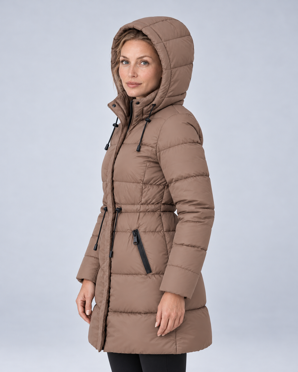Brown longline drawstring puffer, hood up angle view