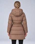 Brown longline drawstring puffer, rear view