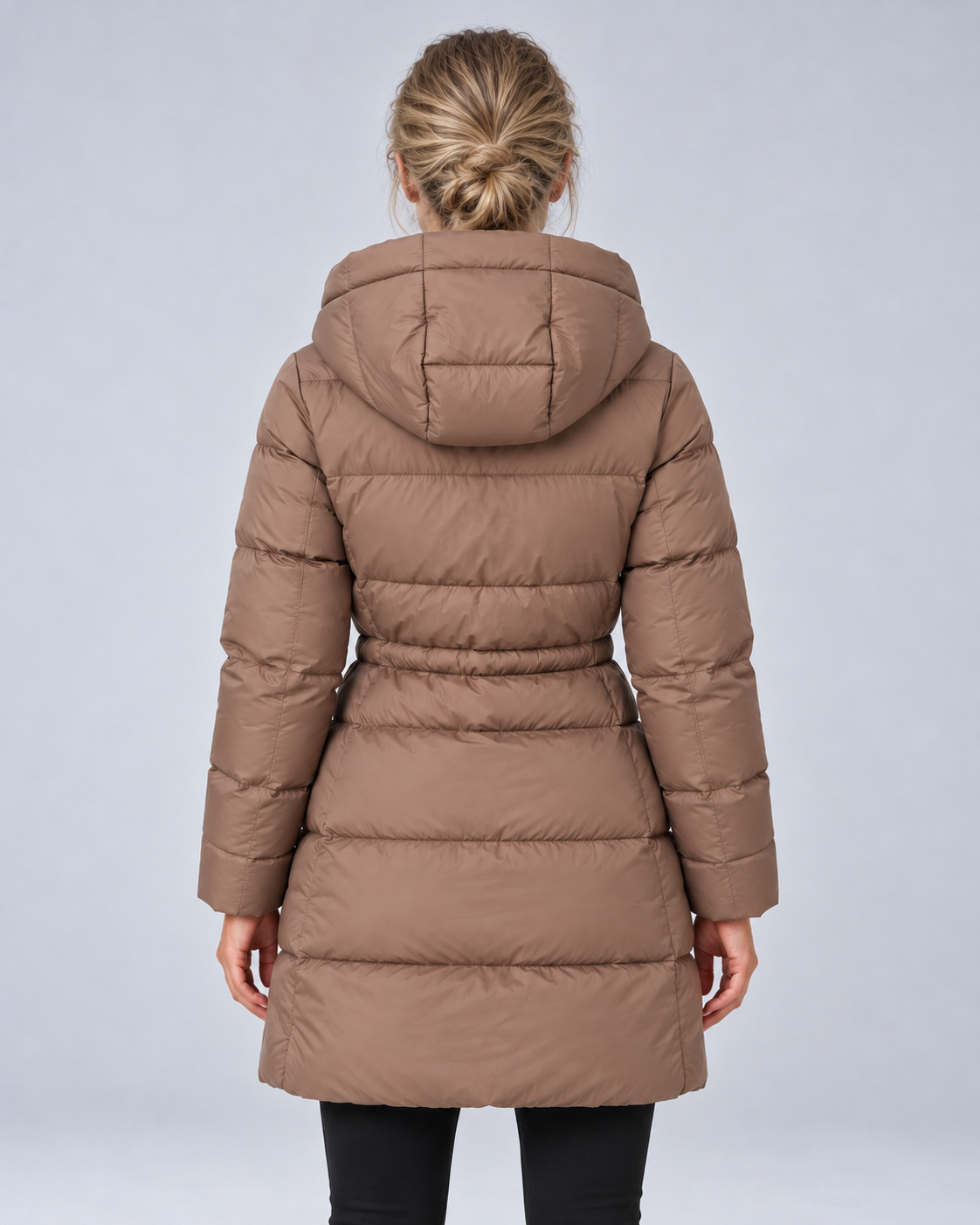 Brown longline drawstring puffer, rear view