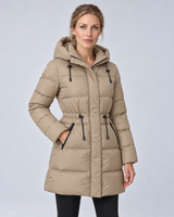Women’s Longline Hooded Puffer Coat – Drawstring Waist Padded Winter Jacket