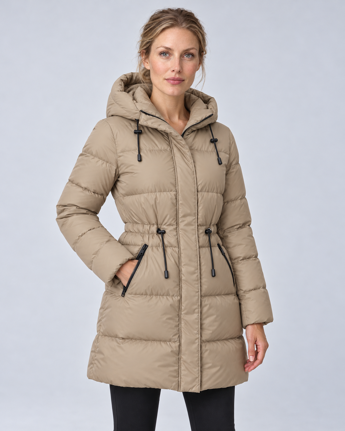 Khaki longline drawstring puffer, colour front view