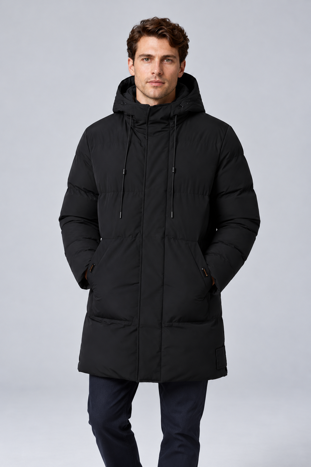 Men's Longline Hooded Padded Winter Parka Jacket in black, front view