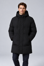 Men's Longline Hooded Padded Winter Parka Jacket in black, front view
