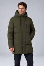 Men's Longline Hooded Padded Winter Parka Jacket in green, front view