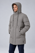 Men's Longline Hooded Padded Winter Parka Jacket in grey, three-quarter view