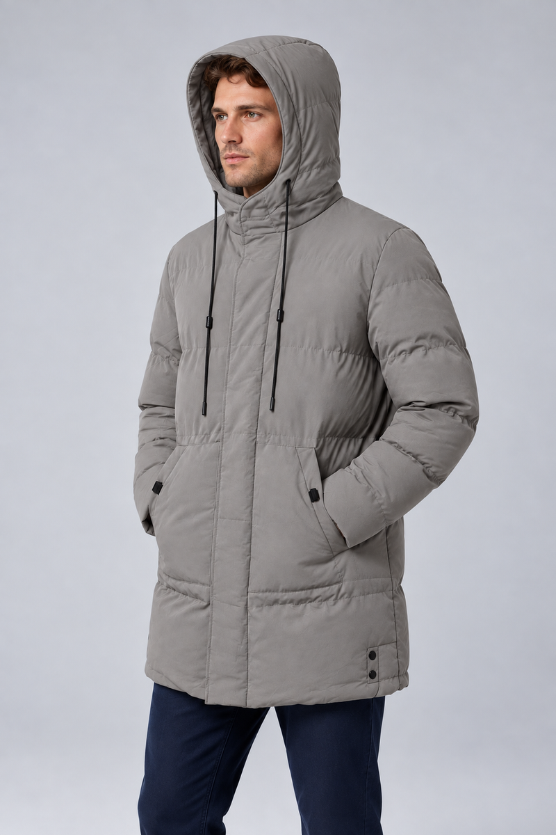 Men's Longline Hooded Padded Winter Parka Jacket in grey, three-quarter view