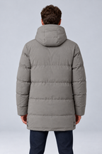 Men's Longline Hooded Padded Winter Parka Jacket in grey, back view