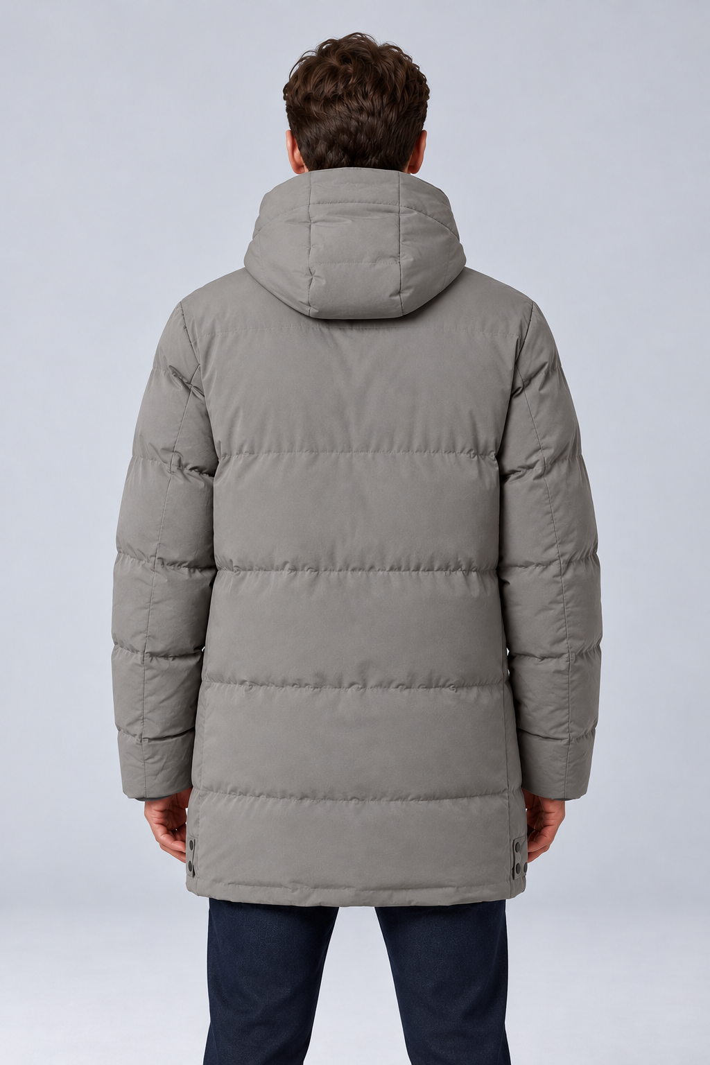 Men's Longline Hooded Padded Winter Parka Jacket in grey, back view