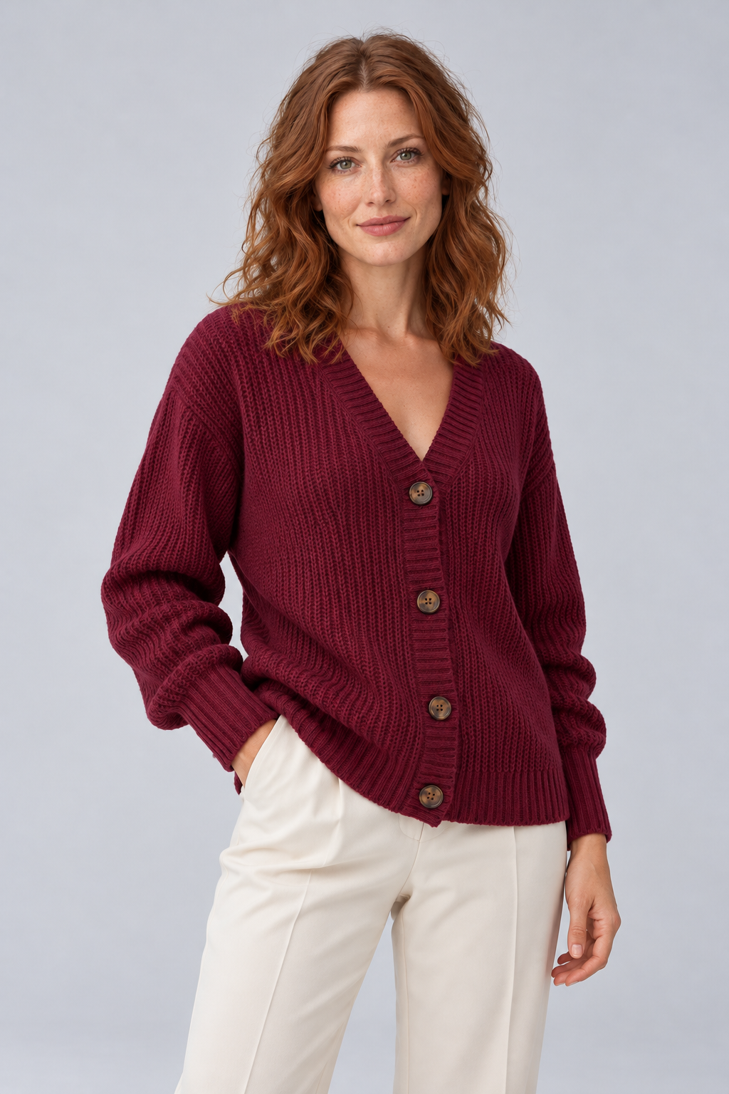 Women's Chunky Ribbed Knit V-Neck Button-Front Cardigan in bordeaux, front view