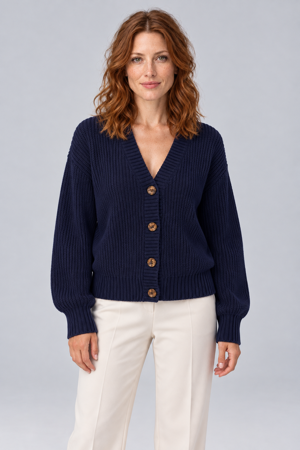 Women's Chunky Ribbed Knit V-Neck Button-Front Cardigan in navy, front view