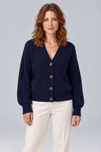 Women's Chunky Ribbed Knit V-Neck Button-Front Cardigan in navy, front view