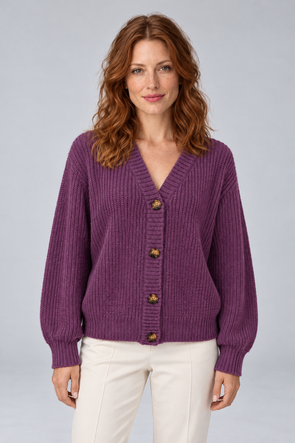 Women's Chunky Ribbed Knit V-Neck Button-Front Cardigan in purple, front view