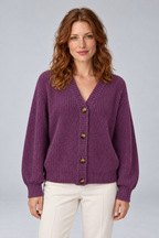 Women's Chunky Ribbed Knit V-Neck Button-Front Cardigan in purple, front view