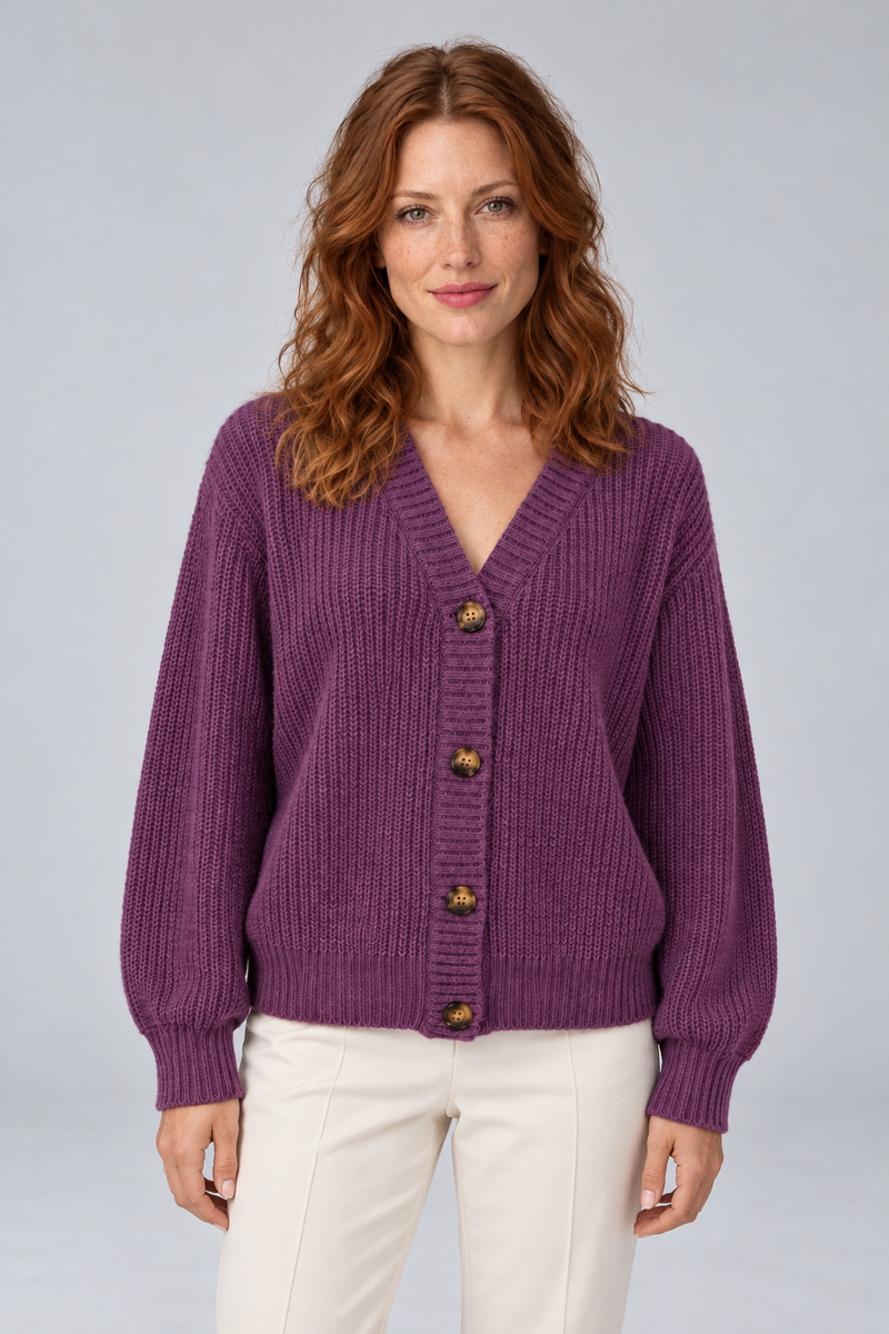 Women's Chunky Ribbed Knit V-Neck Button-Front Cardigan in purple, front view