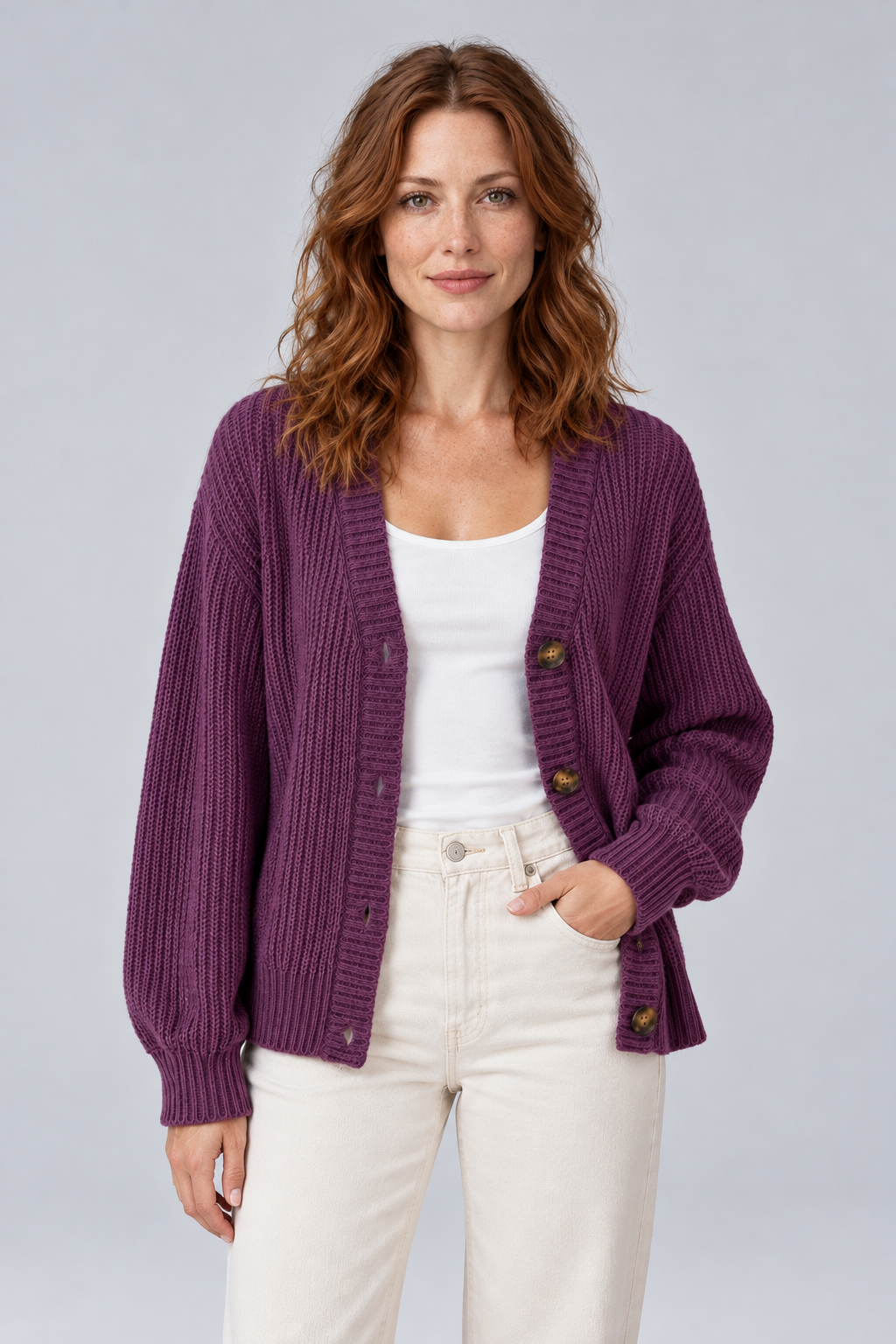Women's Chunky Ribbed Knit V-Neck Button-Front Cardigan in purple, open front view