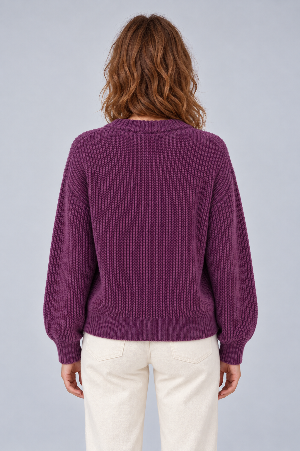 Women's Chunky Ribbed Knit V-Neck Button-Front Cardigan in purple, back view