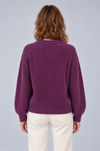 Women's Chunky Ribbed Knit V-Neck Button-Front Cardigan in purple, back view