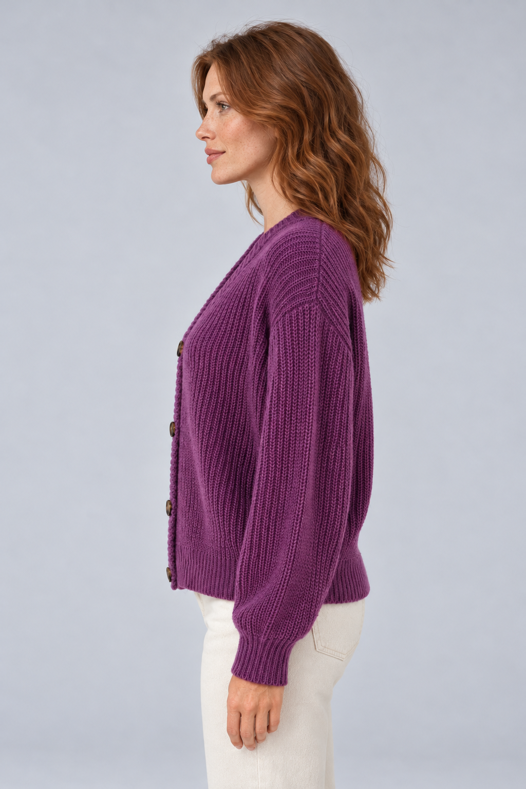 Women's Chunky Ribbed Knit V-Neck Button-Front Cardigan in purple, side view
