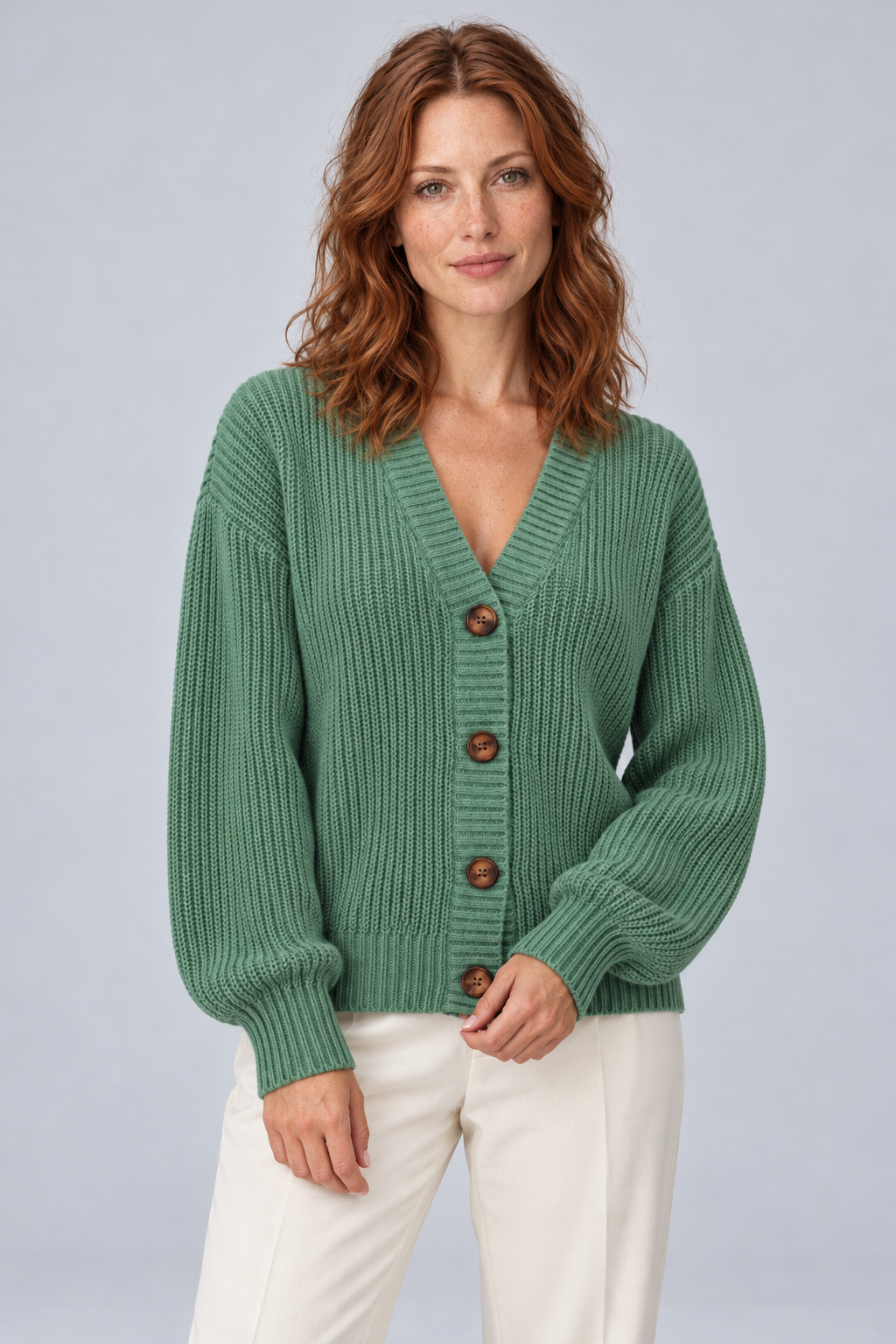 Women's Chunky Ribbed Knit V-Neck Button-Front Cardigan in sage, front view