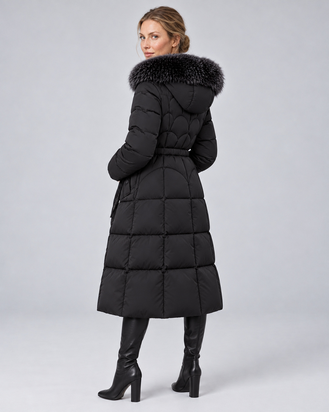 Black scalloped fur puffer, colour rear angle view