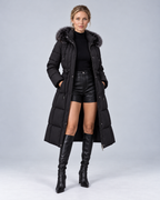Black scalloped fur puffer, open colour front view