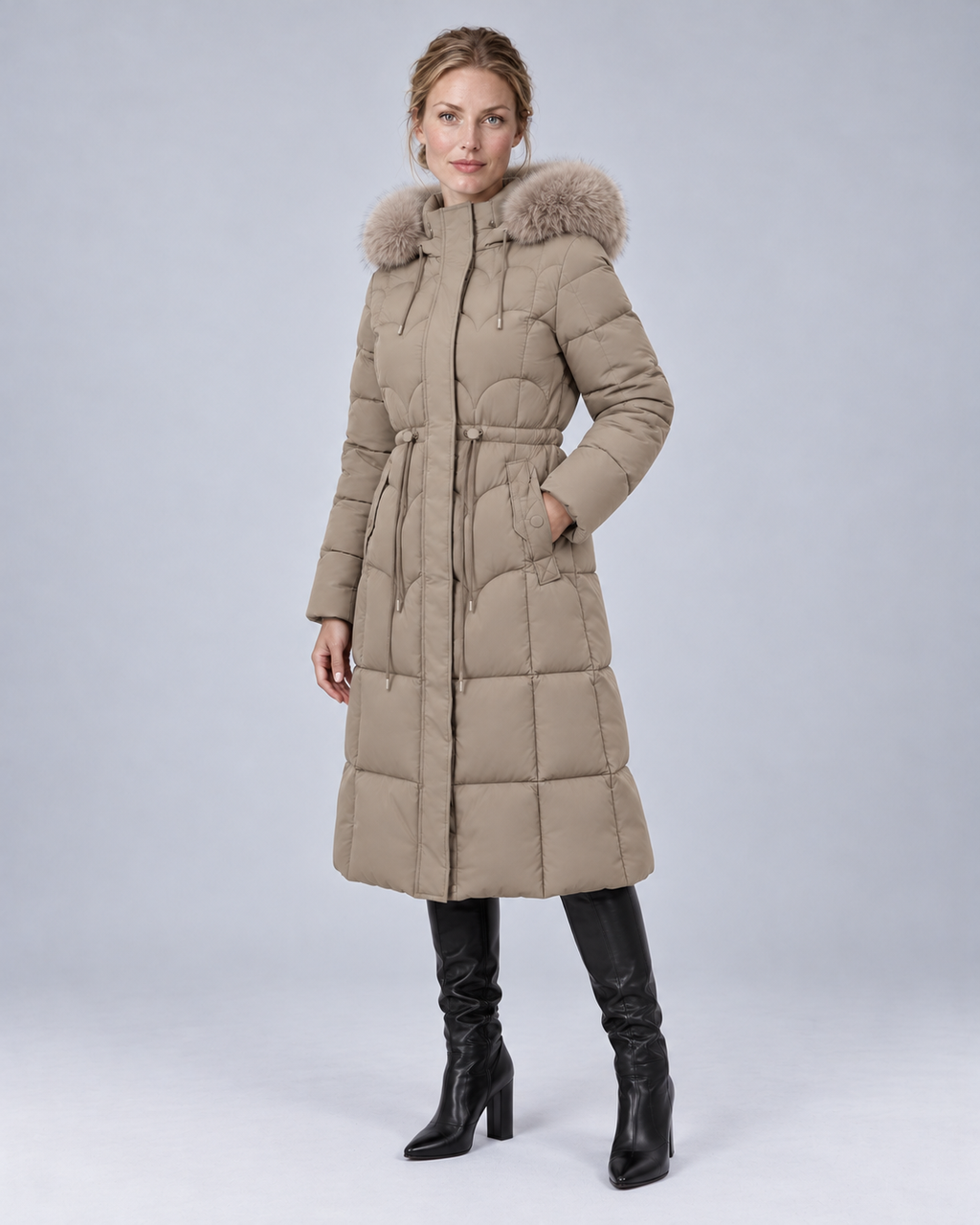 Khaki scalloped fur puffer, angle view