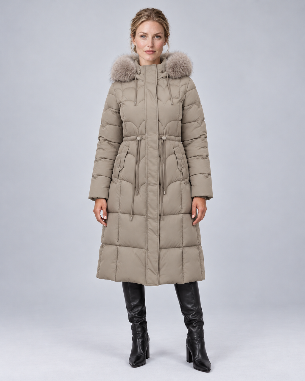 Khaki scalloped fur puffer, front view