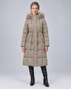 Khaki scalloped fur puffer, front view