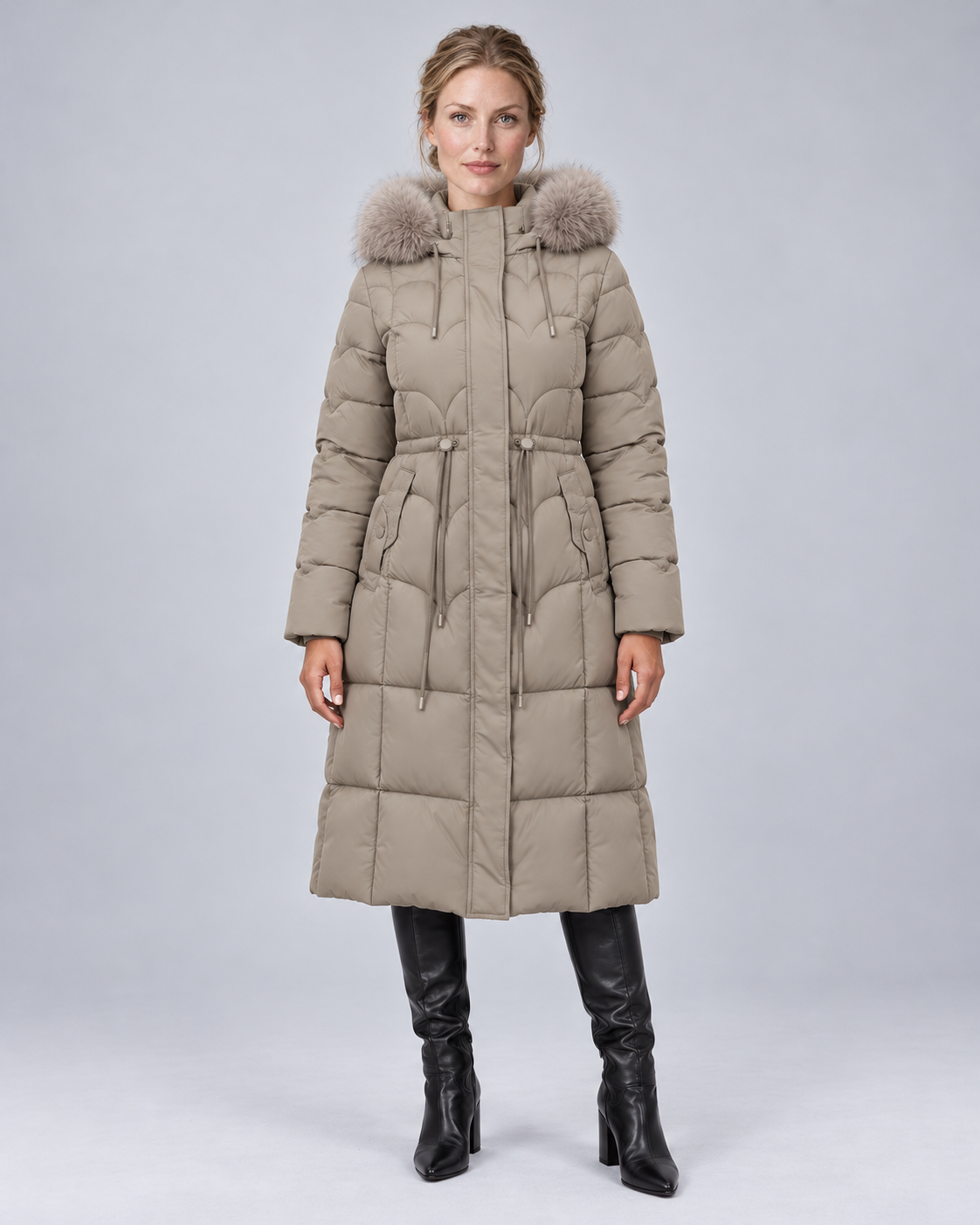 Khaki scalloped fur puffer, front view