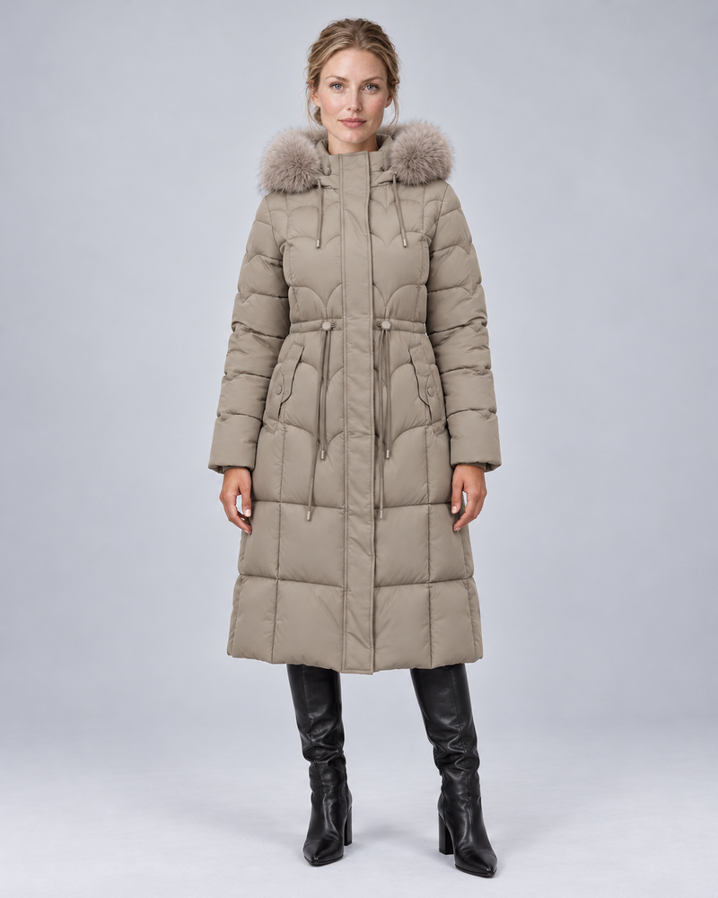 Khaki scalloped fur puffer, front view