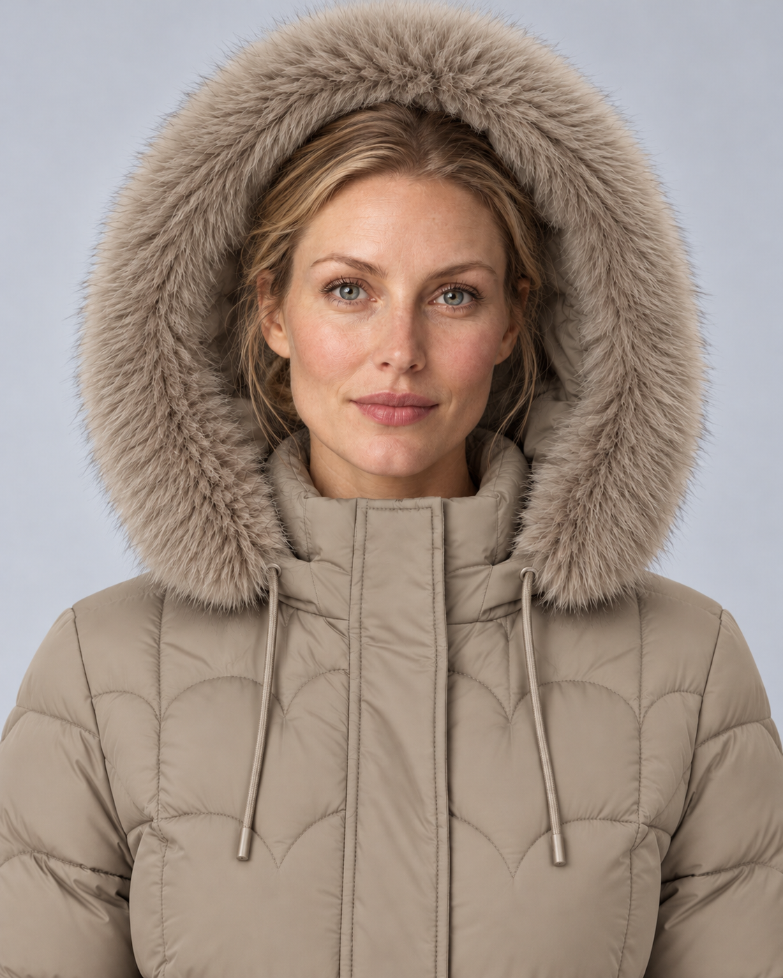 Khaki scalloped fur puffer, hood detail view