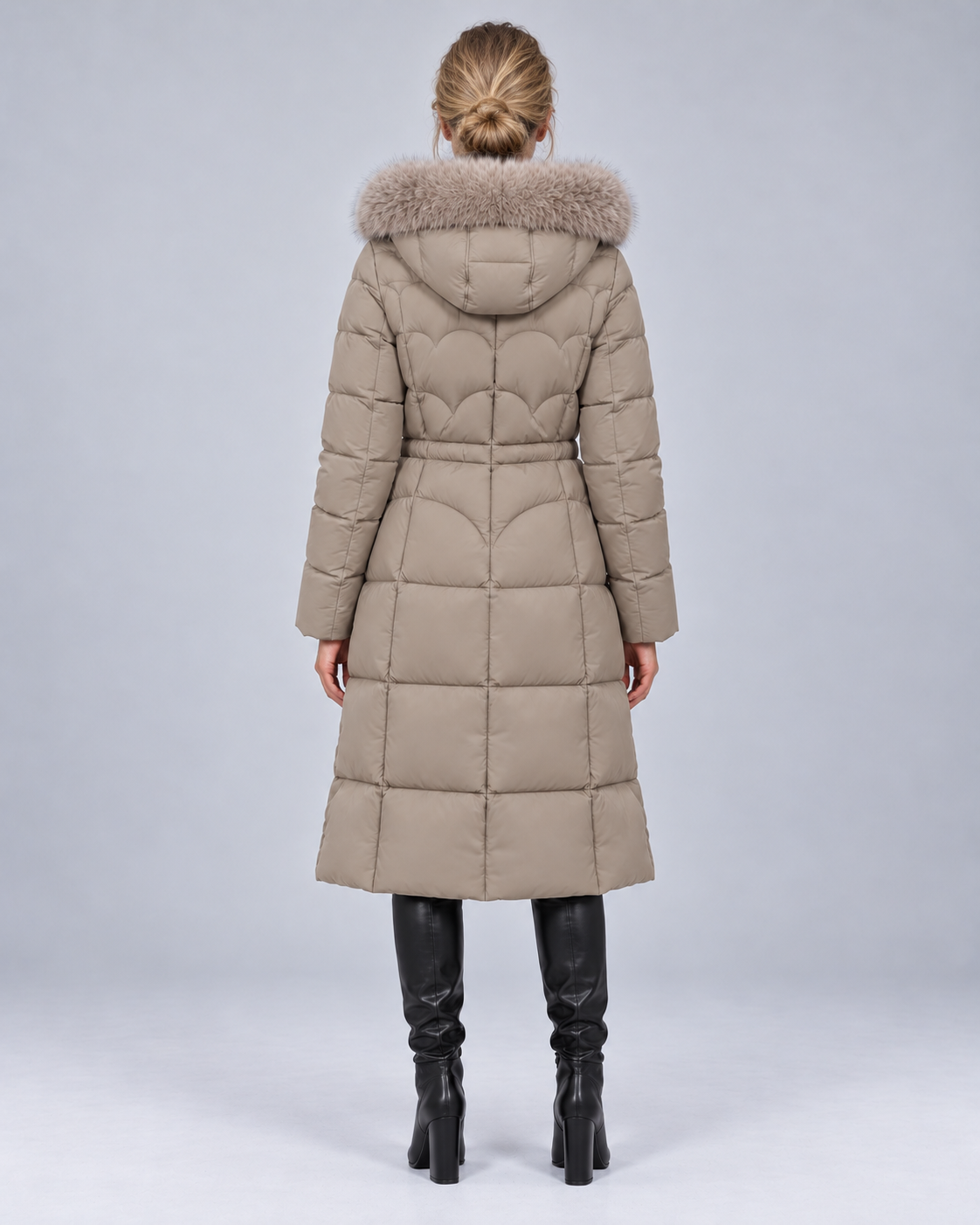 Khaki scalloped fur puffer, rear view