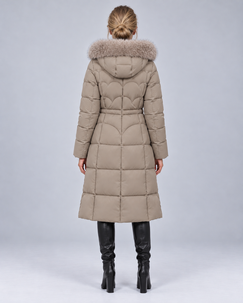 Khaki scalloped fur puffer, rear view