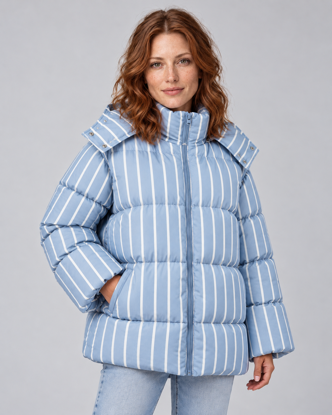 Light Blue striped oversized puffer, colour front view