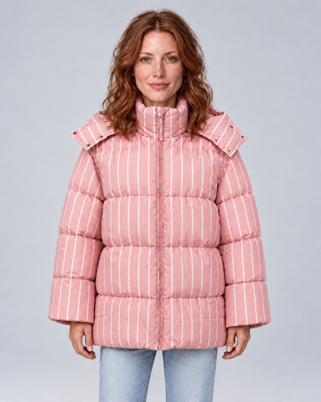 Pink striped oversized puffer, front view