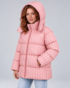 Pink striped oversized puffer, hood up angle view