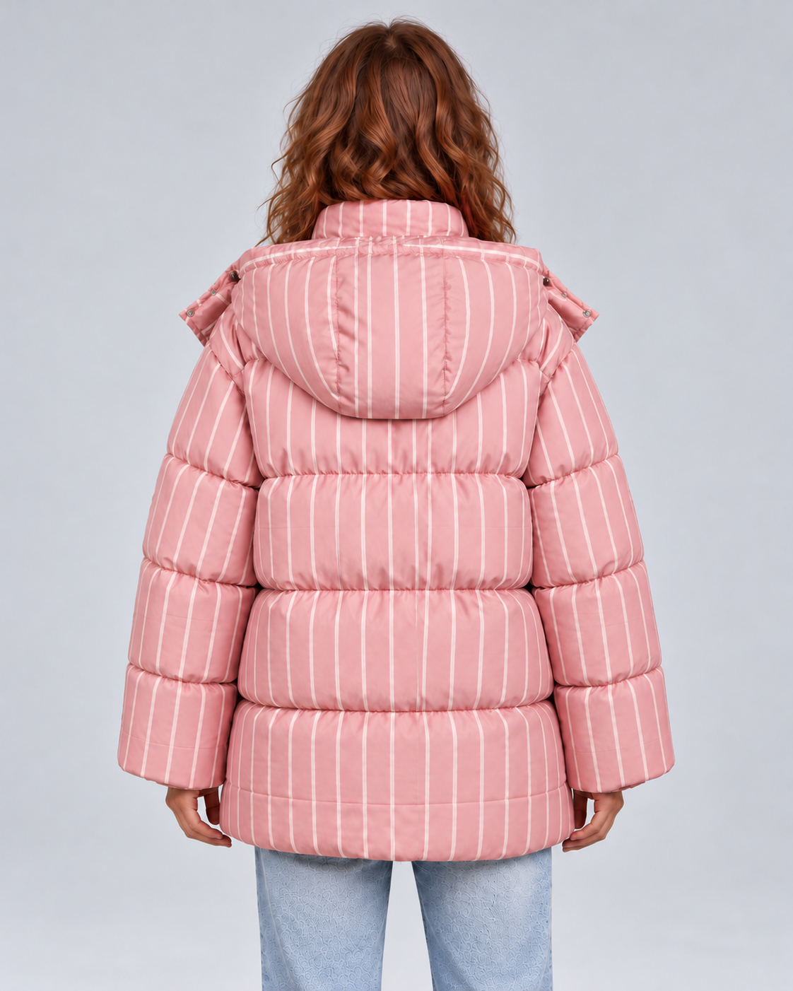 Pink striped oversized puffer, rear view
