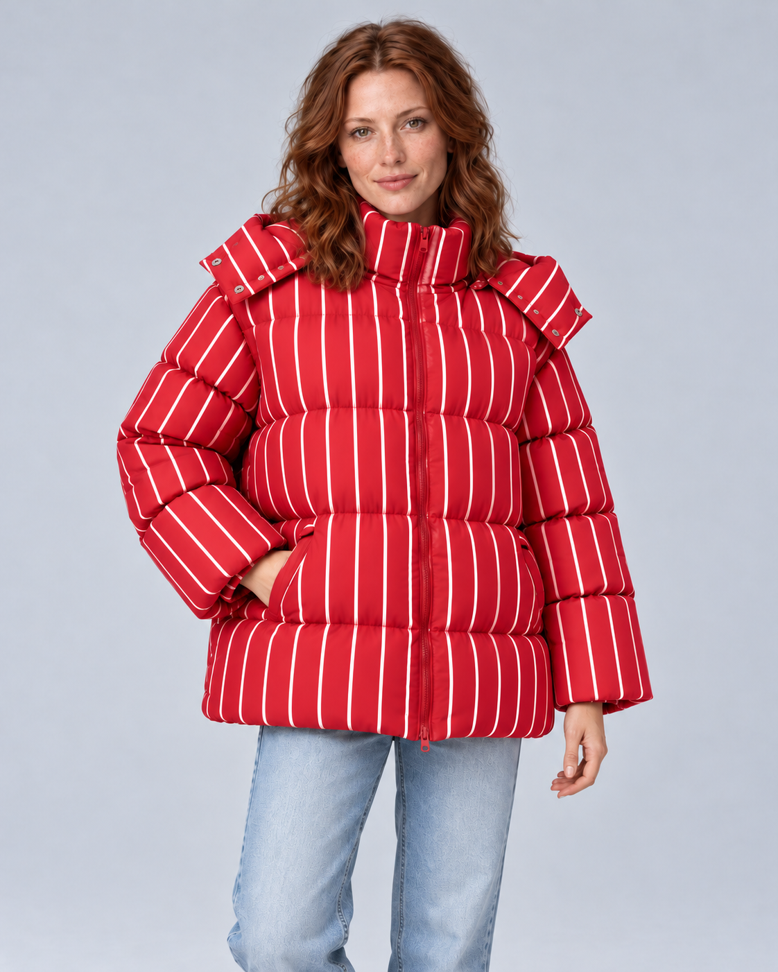 Red striped oversized puffer, colour front view
