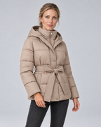 Beige tie belt puffer, colour front view