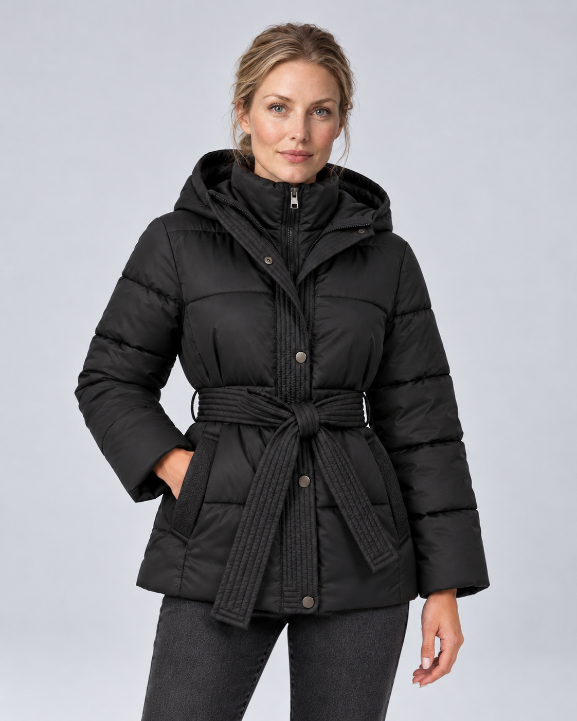 Black tie belt puffer, colour front view