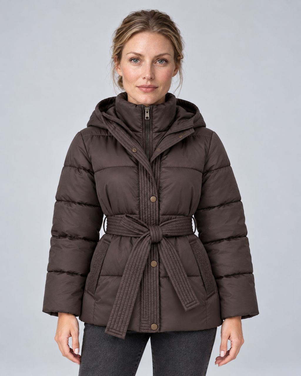 Brown tie belt puffer, front view