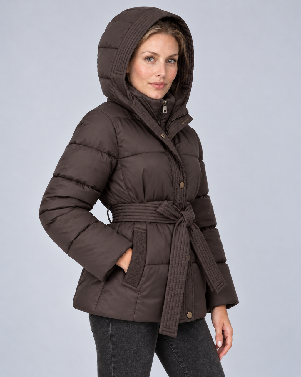 Brown tie belt puffer, hood up angle view